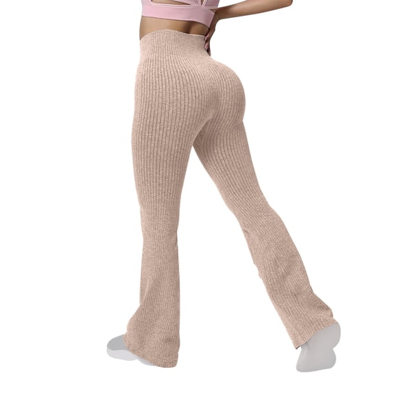 Oksale Womens Ribbed Yoga Pants Flare Leggings for Women Butt Lifting Seamless Stretch High Waisted Workout Legging Pants Khaki XS