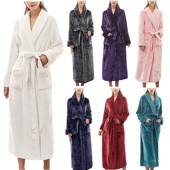 Oksale Womens Shawl Collar Fleece Robes with Pockets Comfortbale Long Sleeve Loungewear Thermal Warm Winter Robe Plus Size Soft Heavyweight Housecoats White M