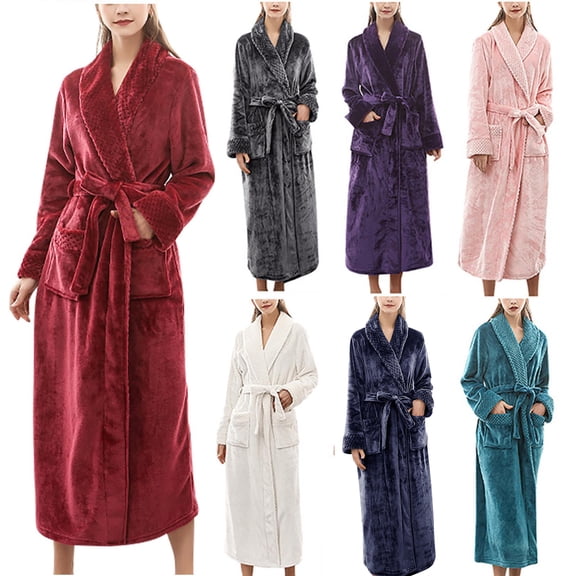 Oksale Womens Shawl Collar Fleece Robes with Pockets Comfortbale Long Sleeve Loungewear Thermal Warm Winter Robe Plus Size Soft Heavyweight Housecoats Wine XXXL