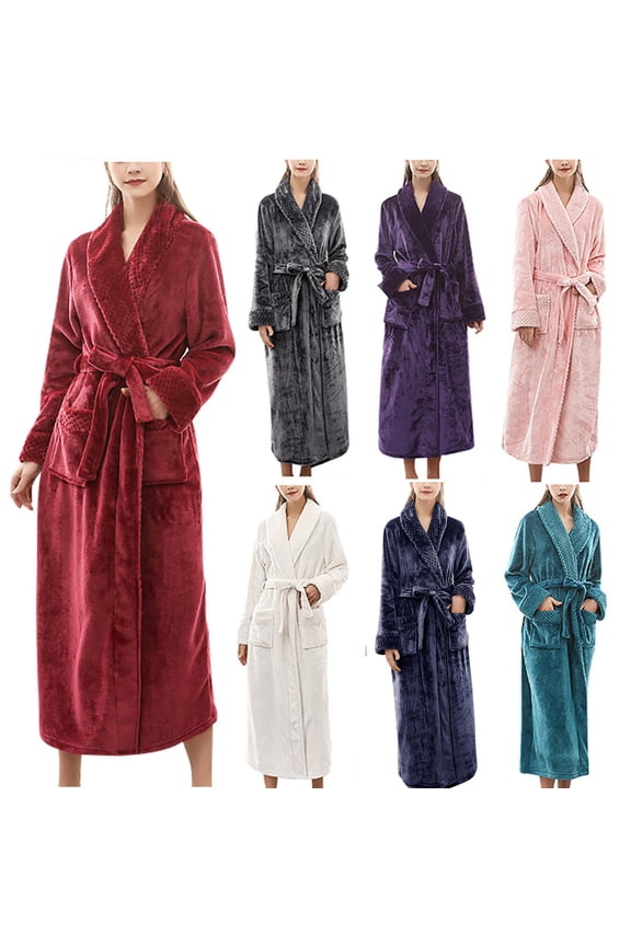 Womens Shawl Collar Fleece Robes with Pockets Comfortbale Long Sleeve Loungewear Thermal Warm Winter Robe Plus Size Soft Heavyweight Housecoats Wine M
