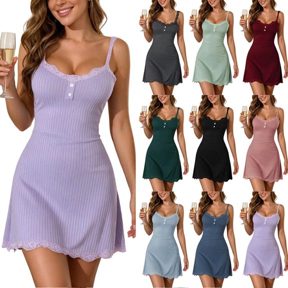 Oksale Womens Spaghetti Strap Nightgown Bodycon Lace Trim Pajama Dress Slim Soft Comfortable Ribbed Sleepwear Army Green M
