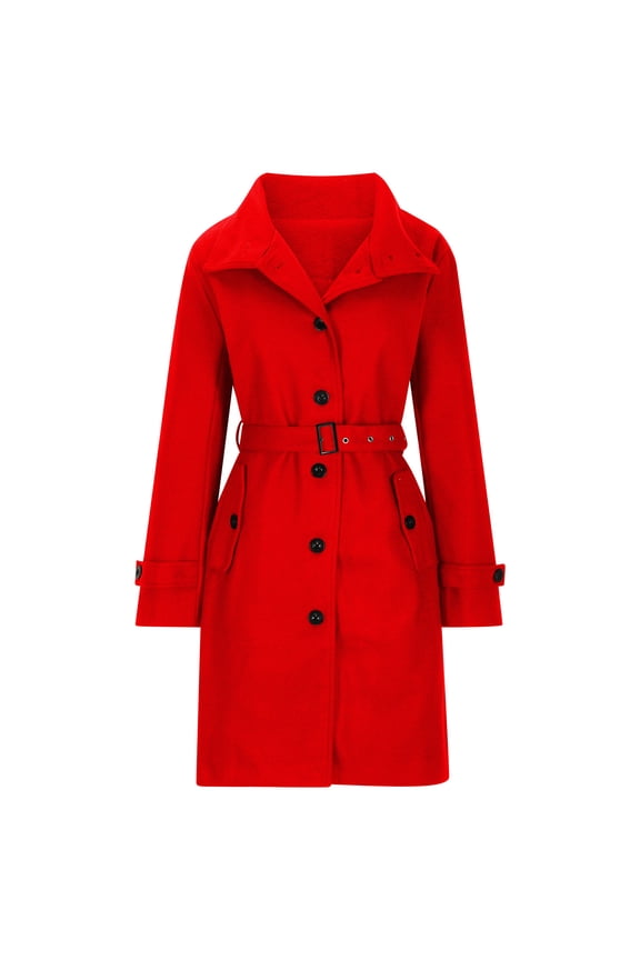 Womens Stand Up Collar Pea Coat Button Woolen Trench Coat Full Length Belted Overcoats Oversized Casual Fall Fahsion Outerwear 2025 Red S