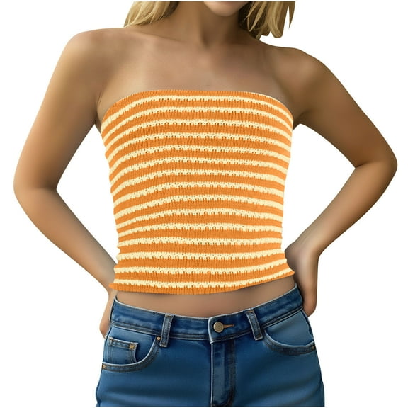 Oksale Womens Striped Knit Tube Tops Strapless Backless Cropped Tank Top Lightweight Sexy Sleeveless Outfits for Going Out Orange L