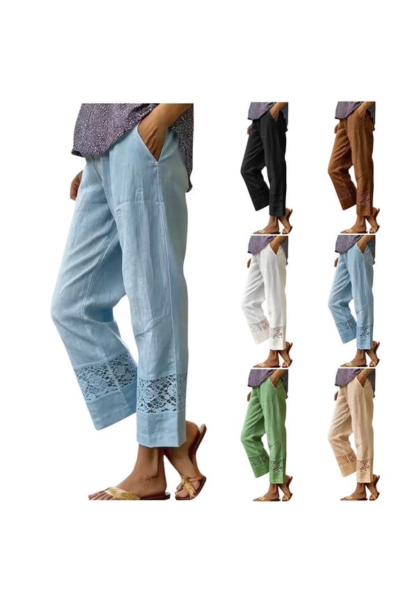 Womens Summer Pants Petite Loose Fit Ankle Linen Pants Fashion Lady Straight Leg Trousers with Pockets Causal Drawstring Stretch Waisted Trousers Light Blue L
