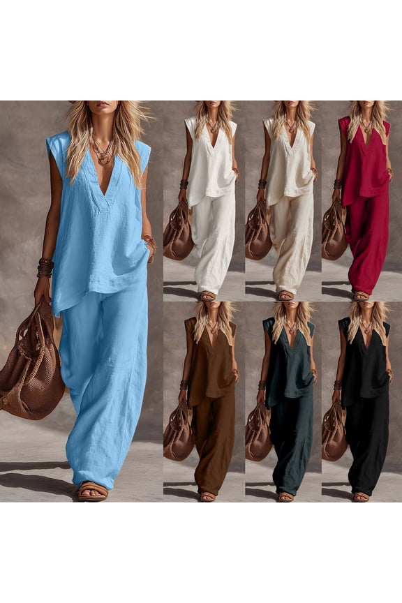 Womens Summer Sets 2 Piece Casual Deep V Neck Tank Tops Cozy Linen Cotton Shirts with Pockets Pants Travel Outfits with Pockets Red M
