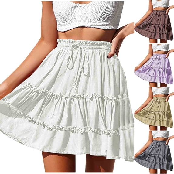 Oksale Womens Summer Skirts Flowy Tiered Ruffle Mini Skirt Elastic Drawstring High Waisted Beach Skirt Plus Size Vacation Outfits Brown XL
