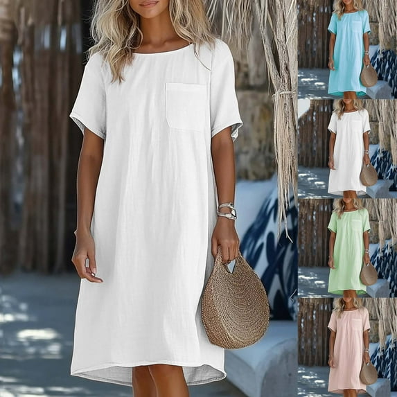 Oksale Womens Summer Dresses Casual Short Sleeve Plus Size Cotton Linen Boho Beach Dress with Pocket Loose Soft Solid Color Midi Dress 2026 Sky Blue S