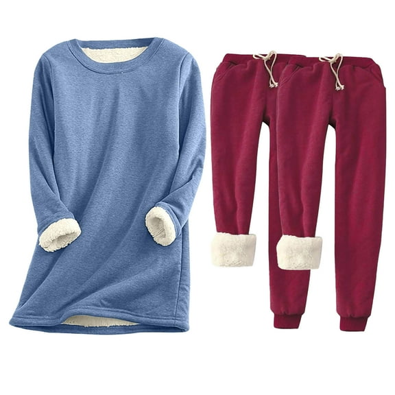 Oksale Womens Sweat Suits 3 PC Set Fleece Lined Crewneck Pullover Sweatshirts Drawstring Sweapants Soft Thick Thermal Outfit Sets Blue L
