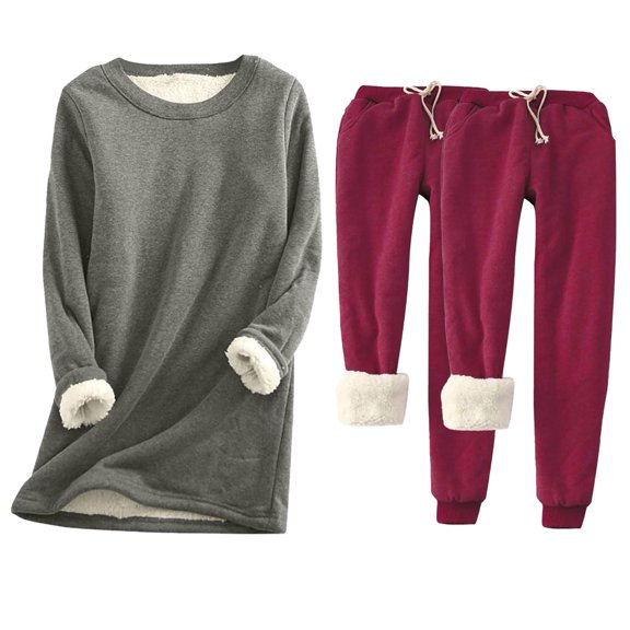 Oksale Womens Sweat Suits 3 PC Set Fleece Lined Crewneck Pullover Sweatshirts Drawstring Sweapants Soft Thick Thermal Outfit Sets Dark Gray M