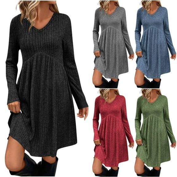 Oksale Womens Sweater Dresses Elegant V Neck Knit Dress with Pockets Cozy Long Sleeve Waisted Mini Dresses for Office Green M