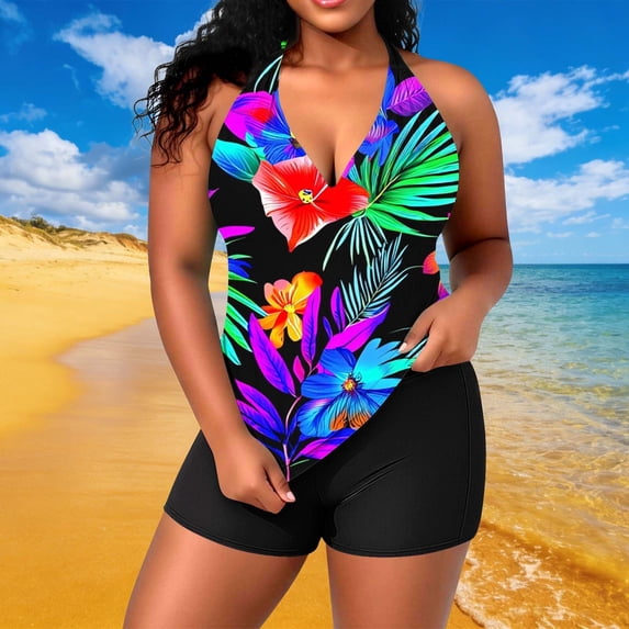Oksale Womens Tummy Control Swimsuits Tankini Halter Plus Size Bathing Suit Trendy Floral Print Tie Back Modest Vacation Swimwear Multicolor XL