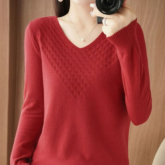 Oksale Womens V Neck Sweaters Trendy Textured Knit Sweater Soft Long Sleeve Jumpers Solid Color Pullover Casual Slouchy Basic Tops Wine XXL
