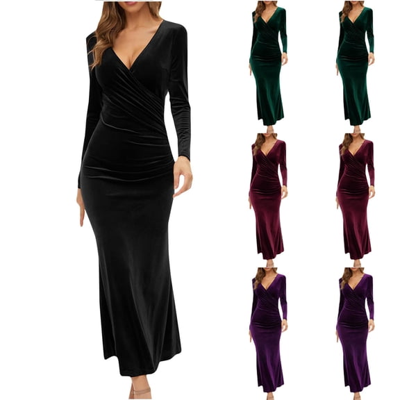 Oksale Womens Velvet Dresses Sexy Wrap Deep V Neck Dress Slim Fit Full Length Dresses Elegant Long Sleeve Dress for Evening Party Black M