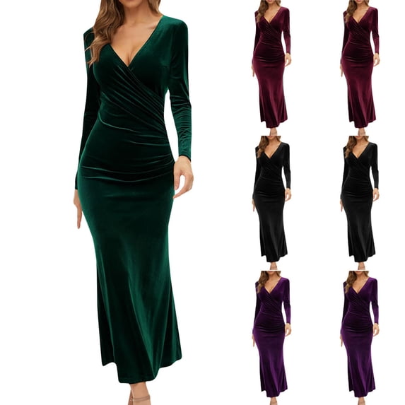 Oksale Womens Velvet Dresses Sexy Wrap Deep V Neck Dress Slim Fit Full Length Dresses Elegant Long Sleeve Dress for Evening Party Green S