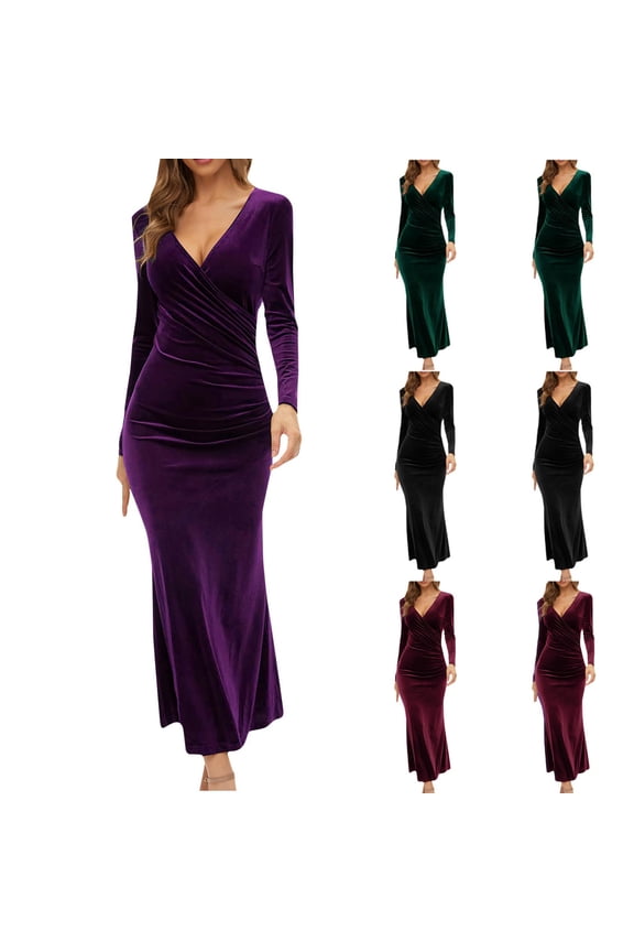 Womens Velvet Dresses Sexy Wrap Deep V Neck Dress Slim Fit Full Length Dresses Elegant Long Sleeve Dress for Evening Party Purple S