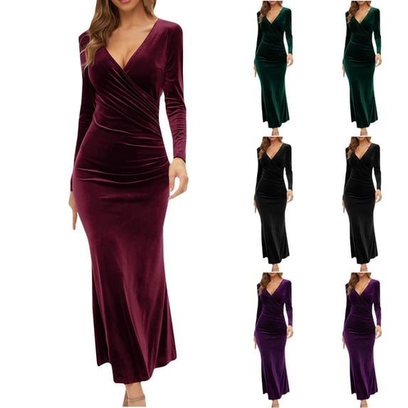 Oksale Womens Velvet Dresses Sexy Wrap Deep V Neck Dress Slim Fit Full Length Dresses Elegant Long Sleeve Dress for Evening Party Wine S