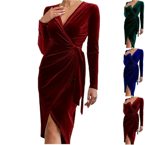 Oksale Womens Velvet Wrap Dress Sexy Deep V Neck Knee Length Christmas Dresses Cozy Long Sleeve Mini Dress Bodycon Dresses Green S