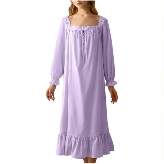 Oksale Womens Victorian Night Gown Trendy Ruffle Cotton Nightgown Casual Square Neck Pajama Dress Loose Long Sleeve Sleep Dress Full Length Loungewear Soft Comfy Sleepwear Purple XXL