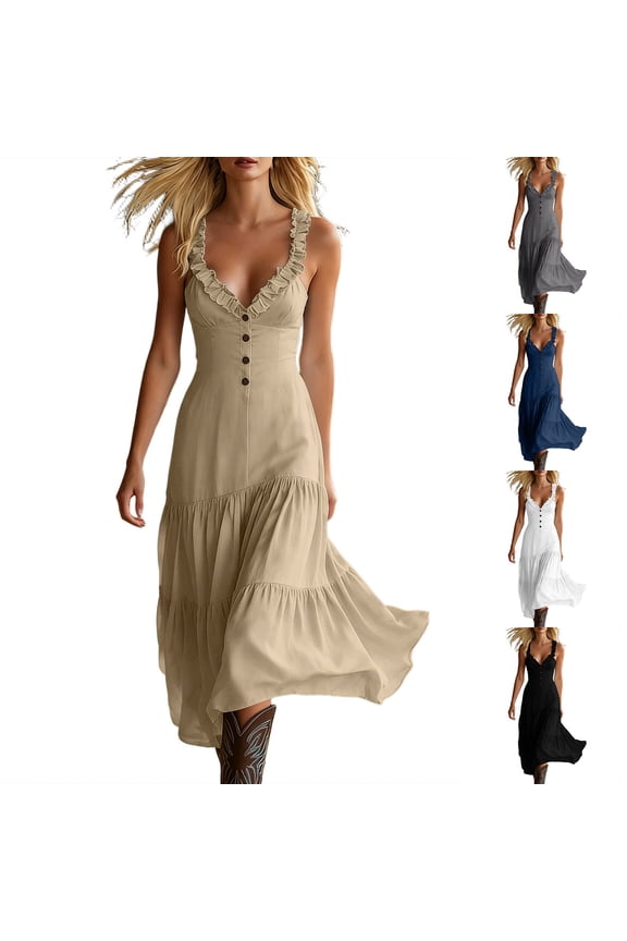 Womens Western Dresses to Wear with Boots Trendy Ruffle Straps Deep V Neck Cowgirl Bodycon Dress Tall Flowy Midi Dresses Khaki M