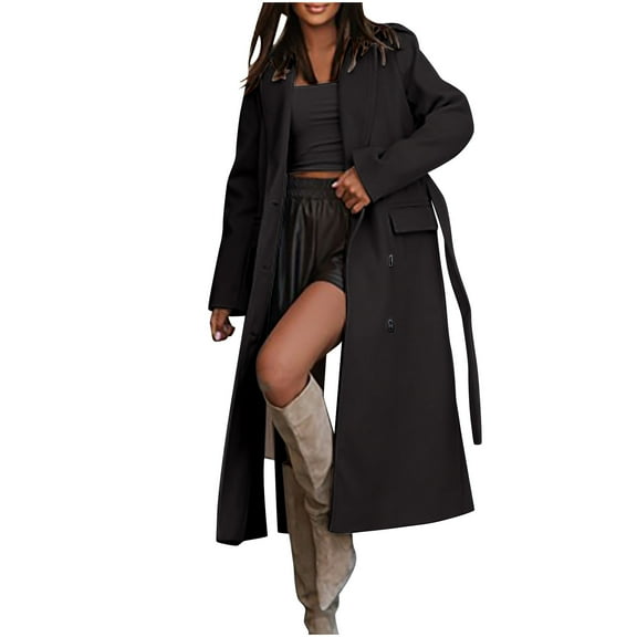 Oksale Womens Woolen Trench Coas Full Length Pea Coat with Belt Double Breasted Slim Jackets with Pockets Casual Lapel Overcoats 2025 Black S