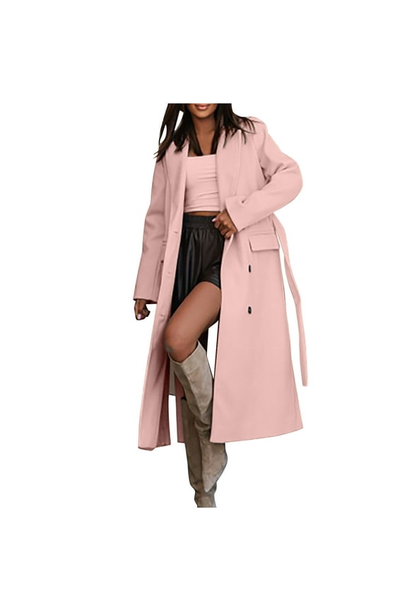 Womens Woolen Trench Coas Full Length Pea Coat with Belt Double Breasted Slim Jackets with Pockets Casual Lapel Overcoats 2025 Pink M