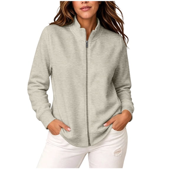 Oksale Womens Zip Up Jackets No Hooodie Vintage Comfy Long Sleeve Sweatshirts Casual Stand Up Collar Fall Fashion Outfits Beige 4XL