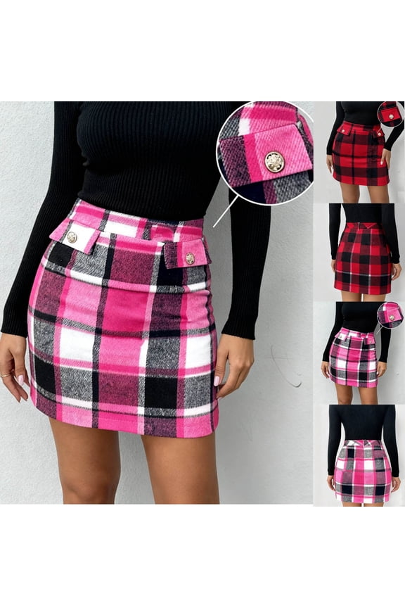 Woolen Skirts for Women Mini Plaid Skirt Bodycon High Waisted Skirts Going Out Pencil Skirt Wine 2XL