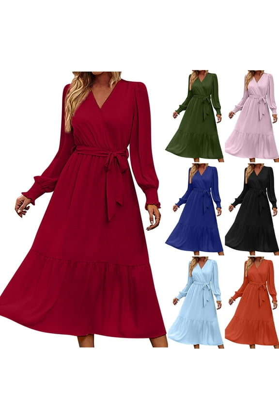 Wrap V Neck Dress for Women Flowy Chiffon Dresses Plus Size A Line Midi Dress Loose Long Sleeve Boho Dresses Soft Cozy Waist Dress Army Green XXXXL