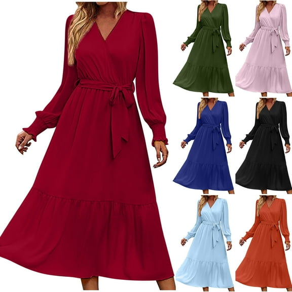Oksale Wrap V Neck Dress for Women Flowy Chiffon Dresses Plus Size A Line Midi Dress Loose Long Sleeve Boho Dresses Soft Cozy Waist Dress Black L