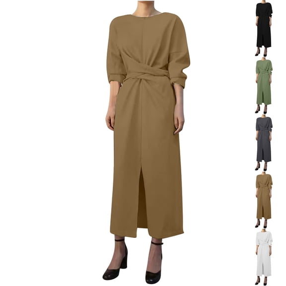 Oksale Wrap Waist Cotton Linen Dress for Women Plus Size Front Slip Dresses 3/4 Sleeve Midi Dress Casual Crewneck Fall Dresses White S