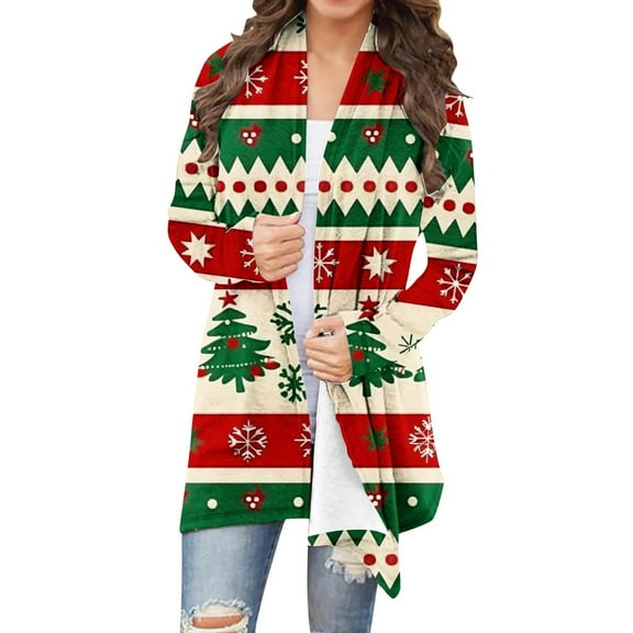 Oksale Xmas Tree Cardigan Sweaters for Women Mid Length Christmas Sweater Open Front Jackets Loose Fit Fall Winter Outfits for Holiday Green M