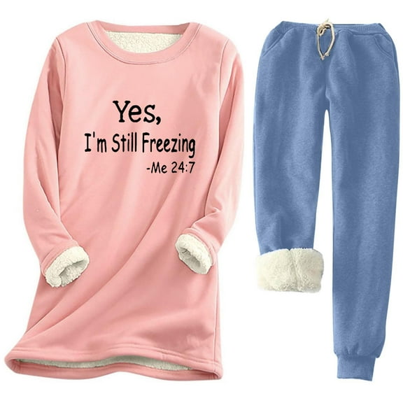 Oksale Yes,I'm Always Freezing Print Sweatsuits for Women 2 PC Fleece Lined Sherpa Sweatshirts Casual Drawstring Sweatpants Plus Size Fall Winter Fashion Outfits Blue M