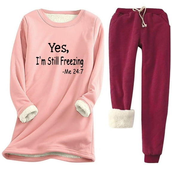 Oksale Yes,I'm Always Freezing Print Sweatsuits for Women 2 PC Fleece Lined Sherpa Sweatshirts Casual Drawstring Sweatpants Plus Size Fall Winter Fashion Outfits Wine M
