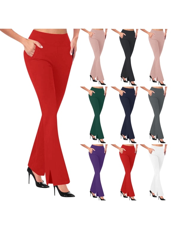 Yoga Trousers Pants for Women with Pockets Petite Side Slit Straight Leg Pants Elastic Waisted Workout Pants Green XL