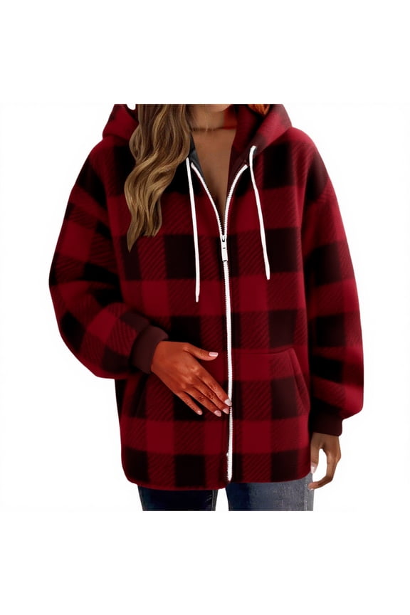 Zip Up Check Jacket Shacket for Women Fluffy Fleece Hooded Jackets Soft Long Sleeve Lapel Outerwear with Pockets Fall Winter Coats 2025 Red XXL