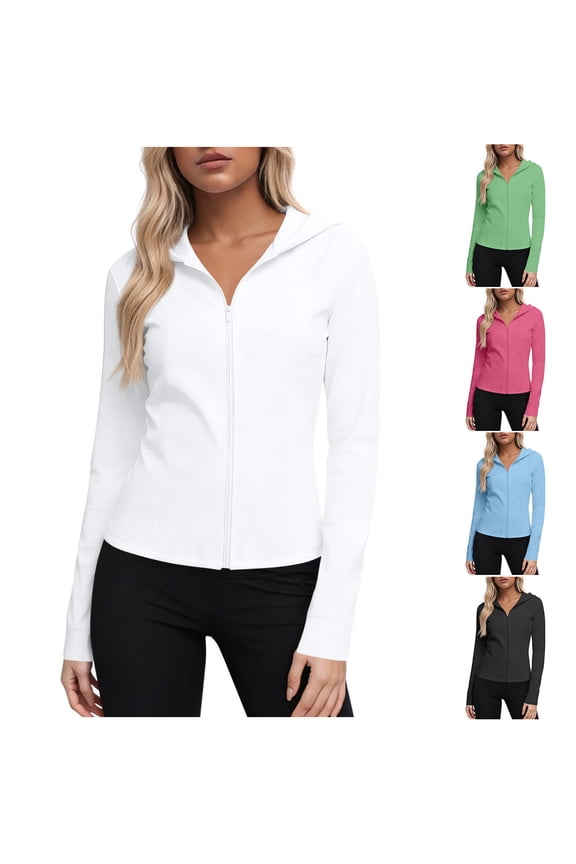 Zip Up Jackets for Women with Hood Sun Protection Casual Cozy Long Sleeve Shirts Athletic Sports Outdoor Workout Jacket White XL