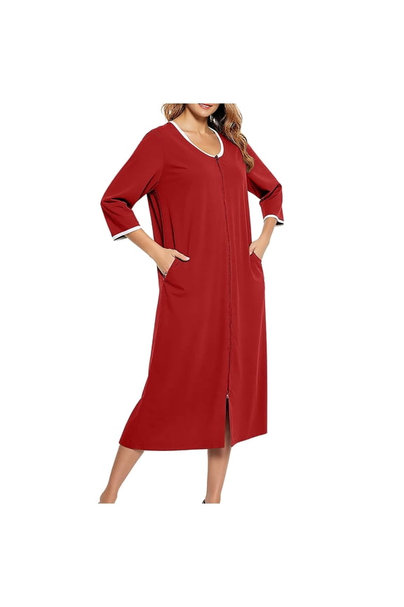 Zip Up Night Gown for Women Loose 3/4 Sleeve Sleepwear Solid Color Midi Sleep Shirt Casual Soft Loungewear 2025 Red L