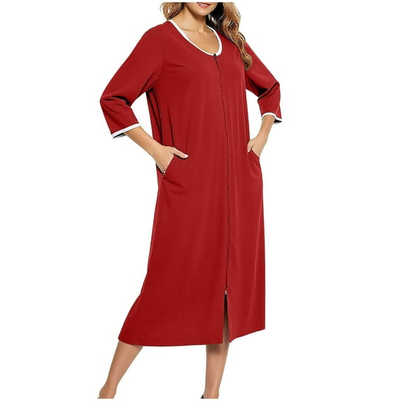 Oksale Zip Up Night Gown for Women Loose 3/4 Sleeve Sleepwear Solid Color Midi Sleep Shirt Casual Soft Loungewear 2025 Red M