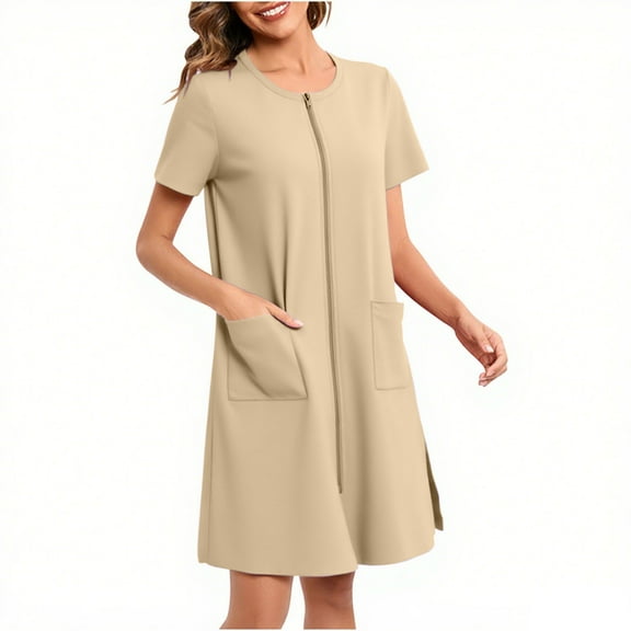 Oksale Zip Up Nightgowns for Women with Pockets Short Sleeve Sleepwear Soft Mini Pajama Dress Loose Fit Casual Nightdress Beige S