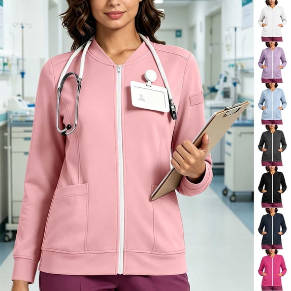 Oksale Zip Up Scrub Jackets for Women with Pockets Long Sleeve Workwear Sweatshirts Slim Cozy Cardigan Casual Outfits Hot Pink M
