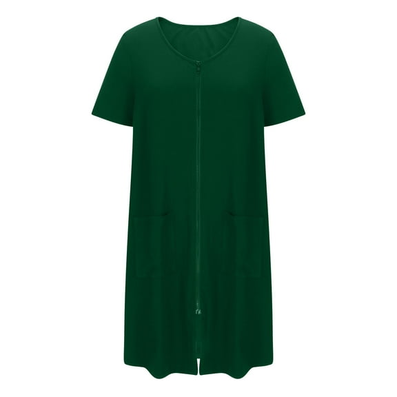 Oksale Zip Up Sleepwear for Women with Pockets Short Sleeve Pajama Dress Soft Lightweight Loungewear for Home Casual Mini Nightgowns Army Green S