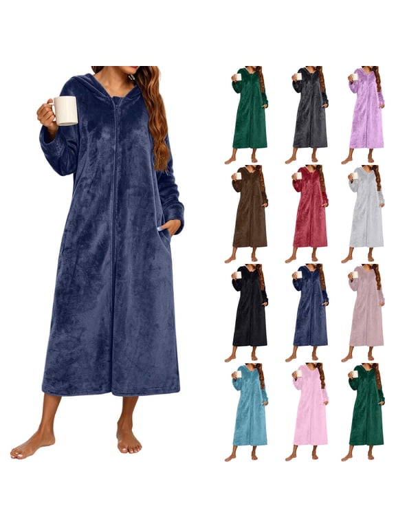 Zipper Front Flannel Robes for Women with Hood Soft Cozy Long Sleeve Midi Nightgowns Side Pocket Housecoats Winter Loungewear Navy