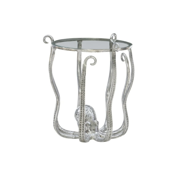 Oksana Round Glass and Metal Accent Side Table, Silver Octopus Legs