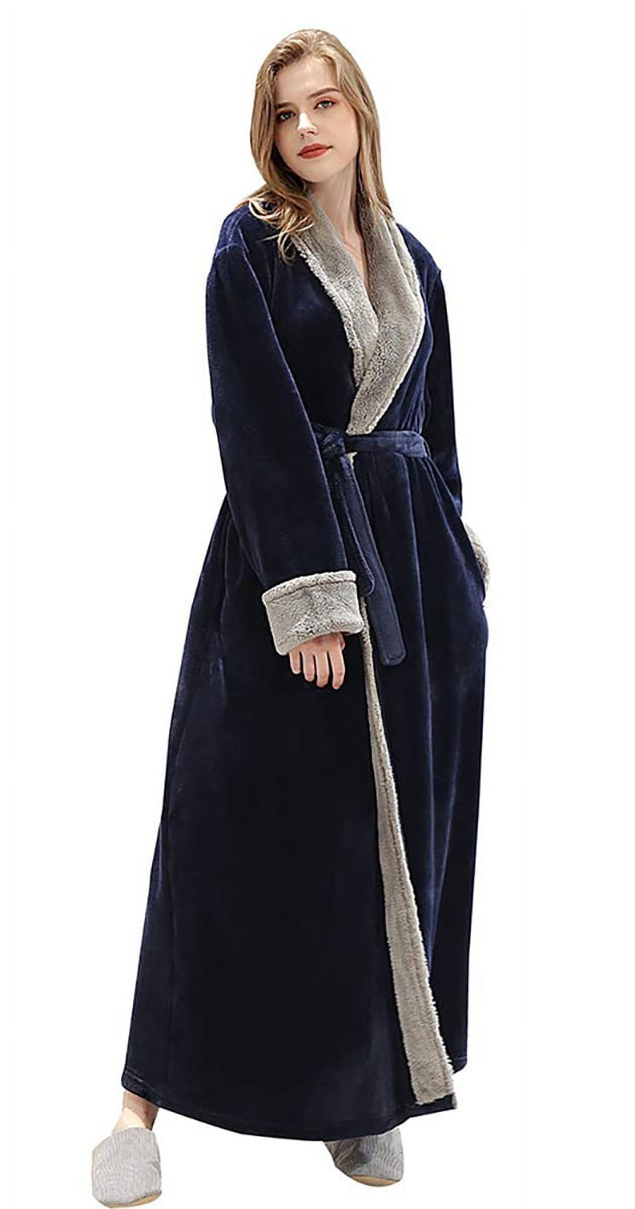 Oksun Full Length Fleece Robe Cozy Plush Long Warm Bathrobe with Waist Belt  for Womens Navy L