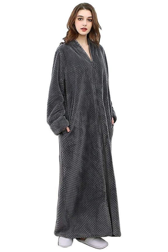 Womens Zip up Bathrobes Long Plush Fleece Warm Dressing Robe Gray L