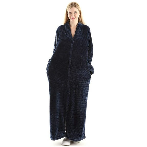 Oksun Womens Zip up Bathrobes Long Plush Fleece Warm Dressing Robe Navy L