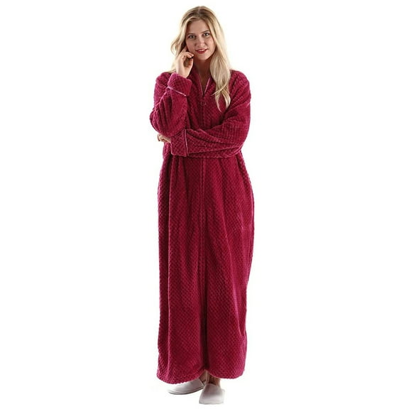 Oksun Womens Zip up Bathrobes Long Plush Fleece Warm Robe Rose Red L