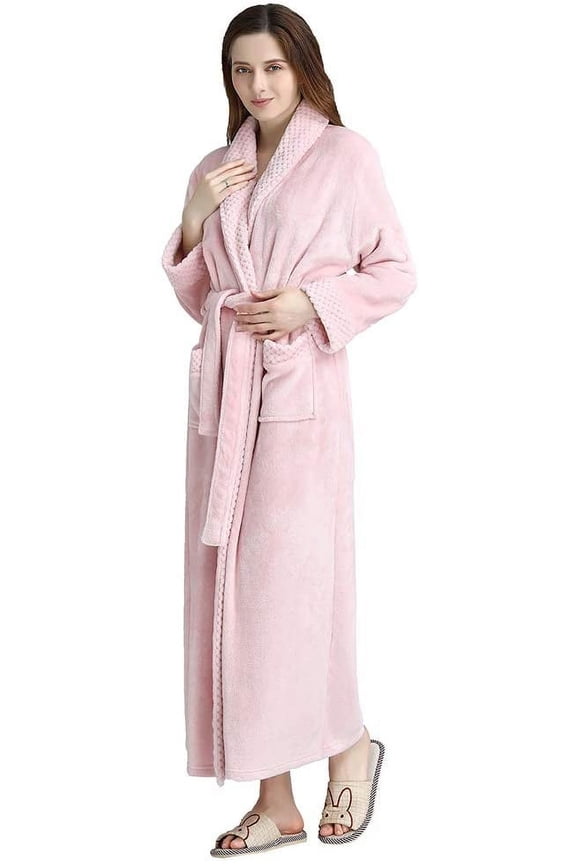 long robes for women Full Length Fleece Plush Bathrobe with Waist Belt Pink L
