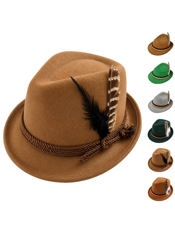 Oktoberfest Bavarian Felt Hat With Feather Accent Braided Rope Band Vintage Short Brim Fedora For Party Travel Daily Casual Wear One Size