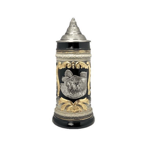 Oktoberfest Beer Mug with Engraved Metal Lid and Festival Metal Medallion of German Wagon & Draft Horses - Black - 0.6L